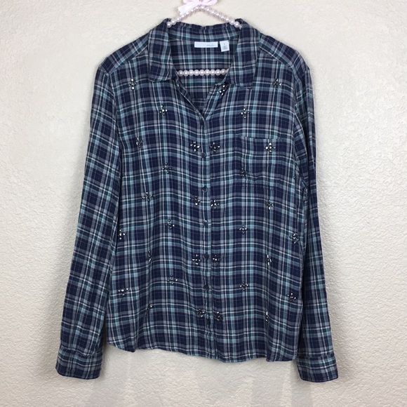 Halogen Embellished Plaid Shirt in Blue LP - Picture 2 of 8